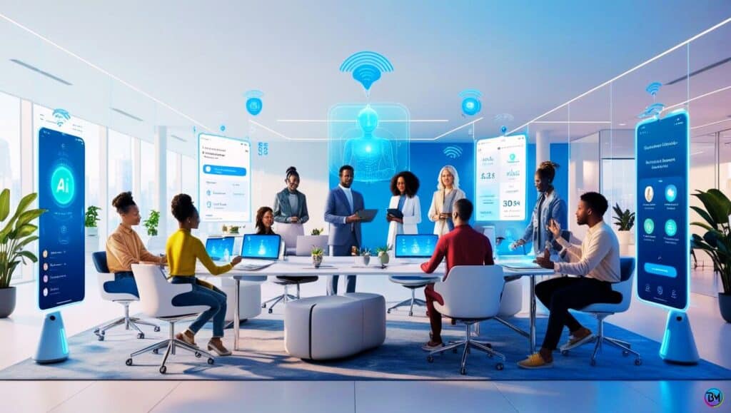 a group of people sitting around a table in an office