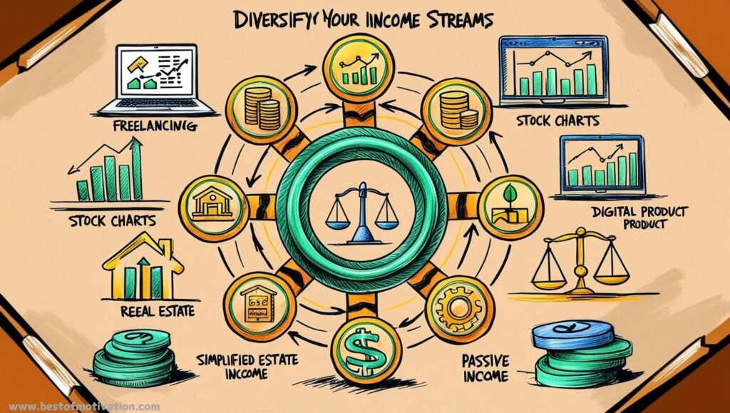 Multiple income stream icons, including freelancing, investments, and passive income sources, representing income diversification strategies.