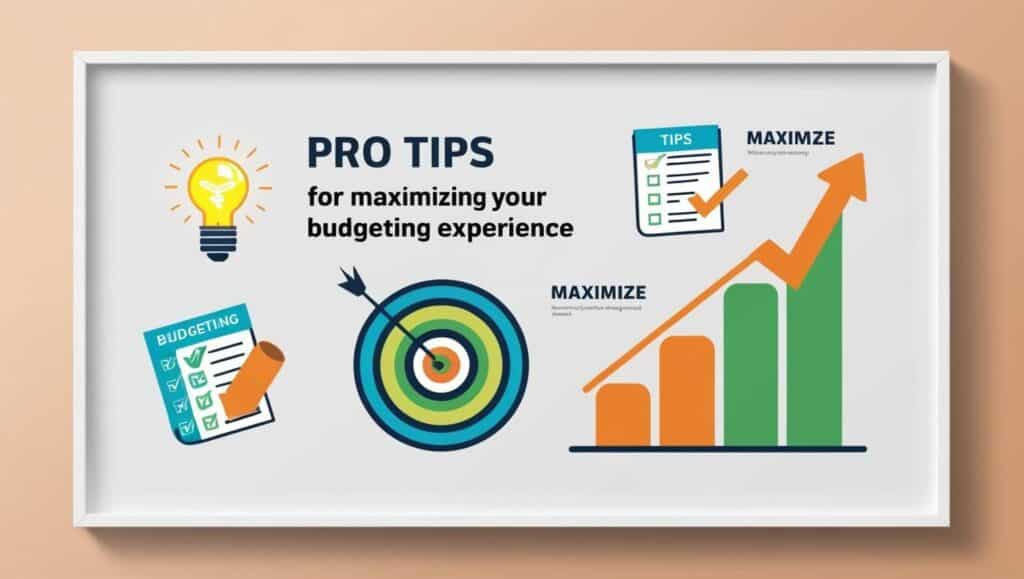 Graphic for pro tips on maximizing budgeting experience with vibrant icons like a light bulb, checklist, target, and arrow, featuring minimal text.