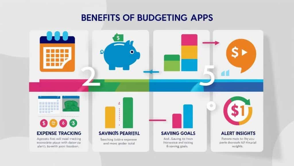 Graphic for 'Why Use Budgeting Apps?' with icons of a calendar, piggy bank, bar chart, and alert symbol, representing key financial benefits with minimal text.