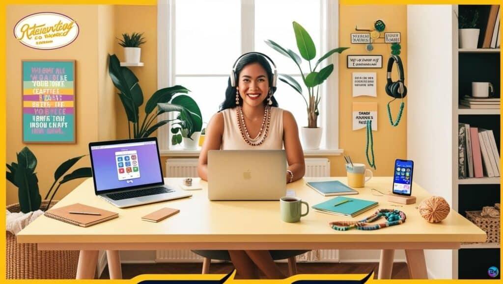 Woman working on a laptop in a cozy home workspace with bookshelves, indoor plants, and motivational decor, representing side hustles from home.