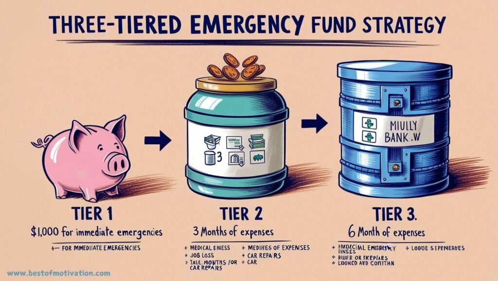 An illustrative diagram of a tiered emergency fund strategy featuring three levels: Tier 1 with a small piggy bank for ,000, Tier 2 with a medium savings container for three months of expenses, and Tier 3 with a large vault for six months of expenses, accompanied by icons for medical emergencies, job loss, and car repairs.