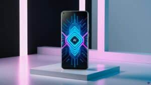 A futuristic Android smartphone with a glowing holographic AI interface set against swirling neon data lines, showcasing the best AI apps for Android in a vibrant cyberpunk style