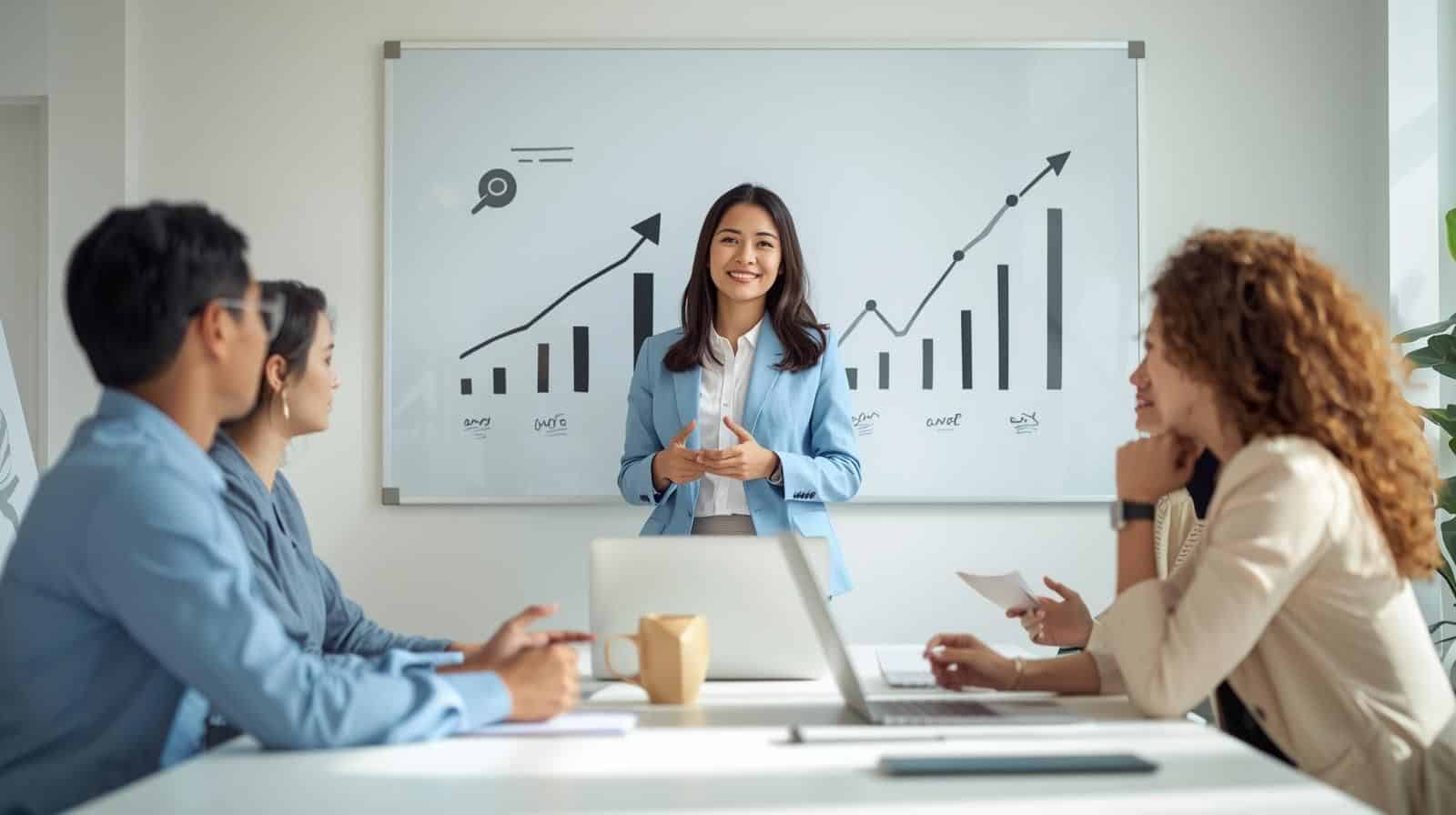 confident leader guiding a diverse team in a modern office — how to improve leadership skills concept