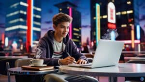 A focused Gen Z professional sitting at a modern café, working on a laptop with a coffee beside them. The city skyline and neon lights in the background create an urban, inspiring atmosphere, symbolizing ambition and motivation for success.