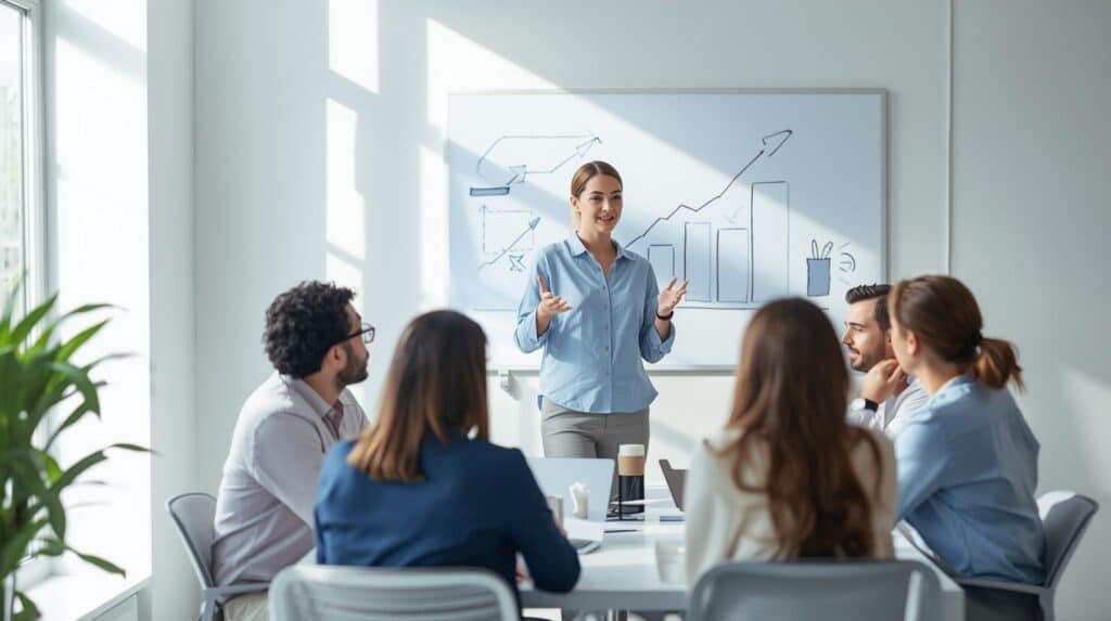 How to Improve Leadership Skills: 17 Strategies for Success 6 confident leader presenting ideas in a modern office while guiding a diverse team — how to improve leadership skills concept