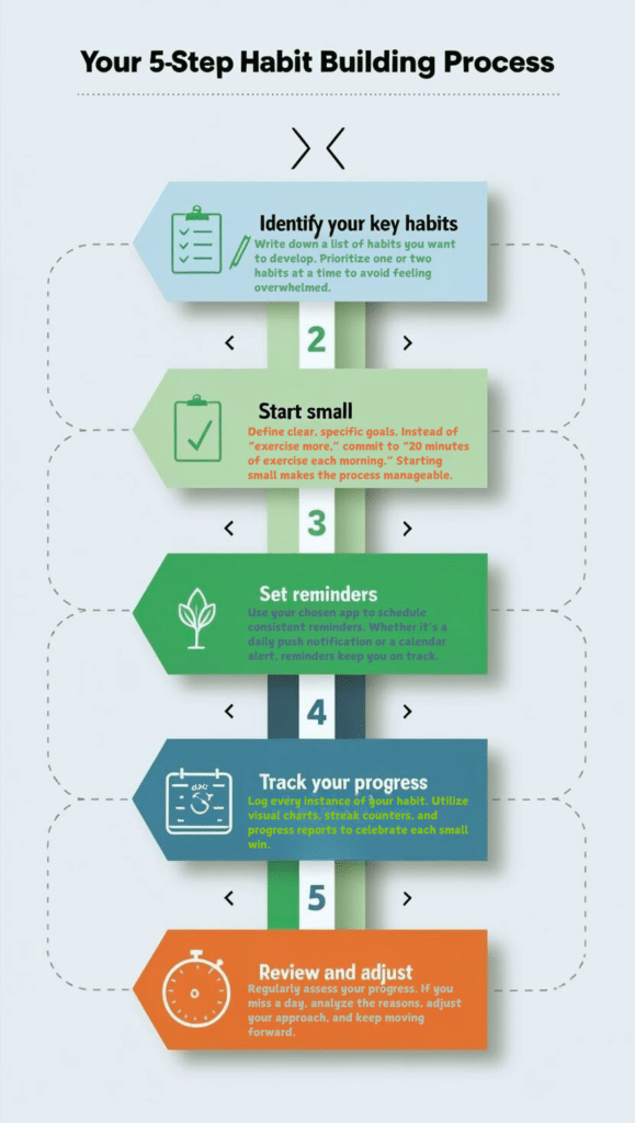 nfographic titled 'Your 5-Step Habit Building Process' divided into five sections with headers: 'Identify Your Key Habits', 'Start Small', 'Set Reminders', 'Track Your Progress', and 'Review and Adjust', each illustrated with relevant icons and color accents.