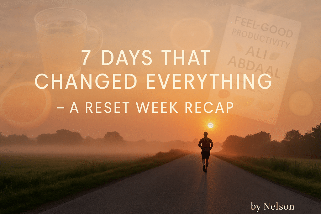 Digital landscape image showing a bold headline that reads ‘7 Days That Changed Everything’, set against a calm, modern background representing clarity and personal transformation. Designed to accompany a blog recap about a 7-day reset journey focused on well-being, discipline, and growth.