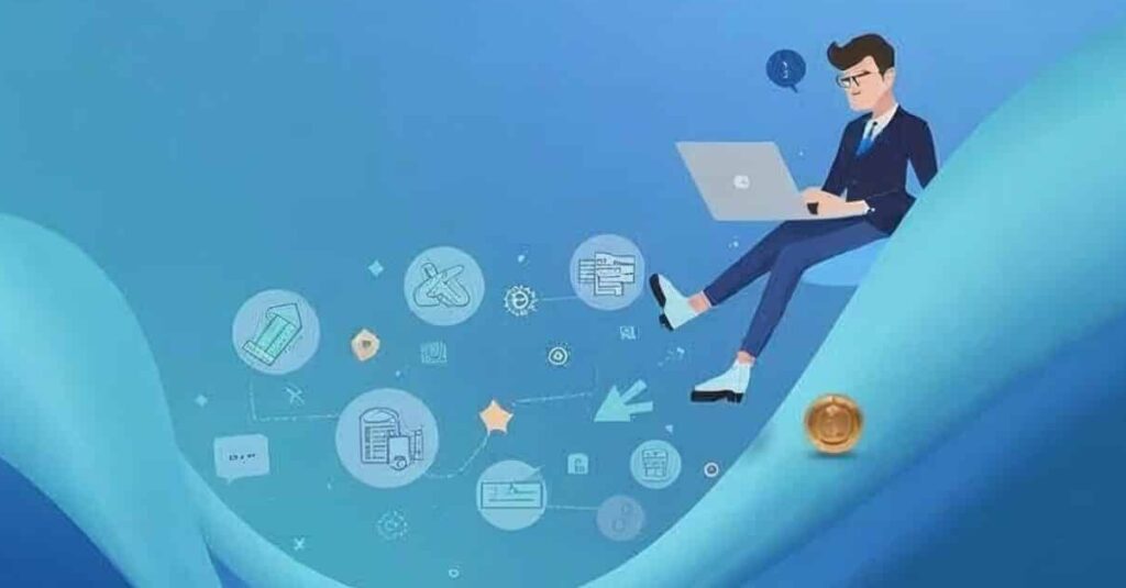 A person working alone on a laptop with floating AI and automation icons, symbolizing an AI-powered one-person business.