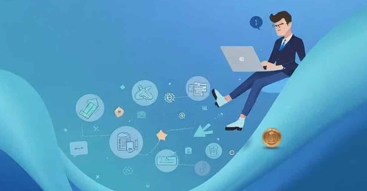 A person working alone on a laptop with floating AI and automation icons, symbolizing an AI-powered one-person business.