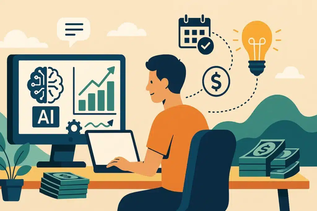 Illustration of how to start a one-person business with AI, showing a solo entrepreneur using AI tools at a desk with digital charts and planning icons.