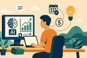 Illustration of how to start a one-person business with AI, showing a solo entrepreneur using AI tools at a desk with digital charts and planning icons.