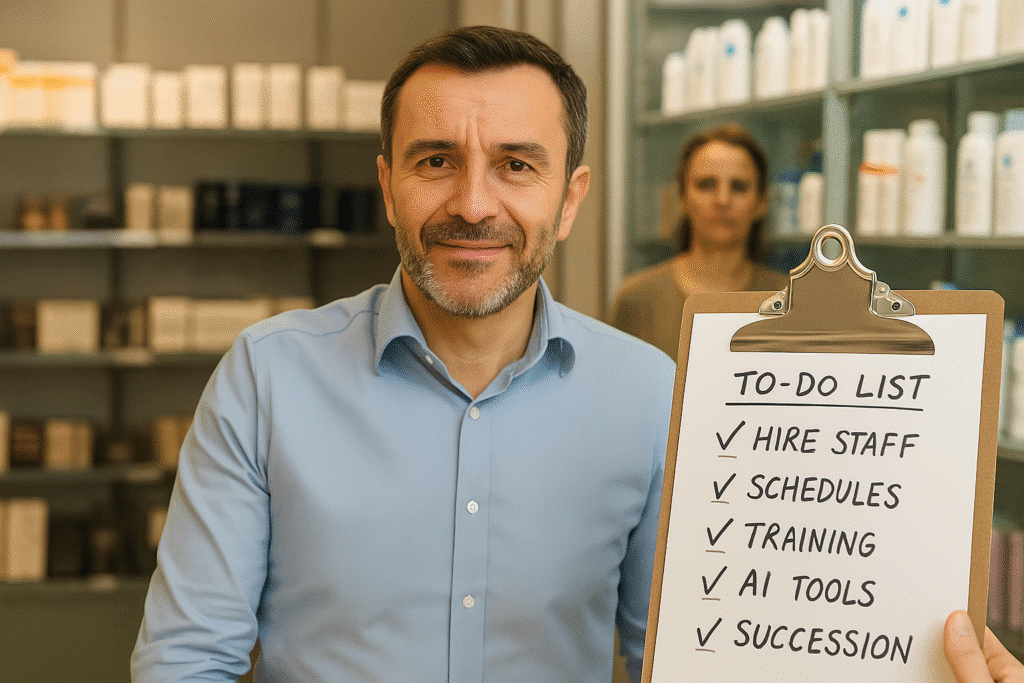 Retail manager in UK holding clipboard with leadership tasks like hiring, scheduling, and AI tools in 2025