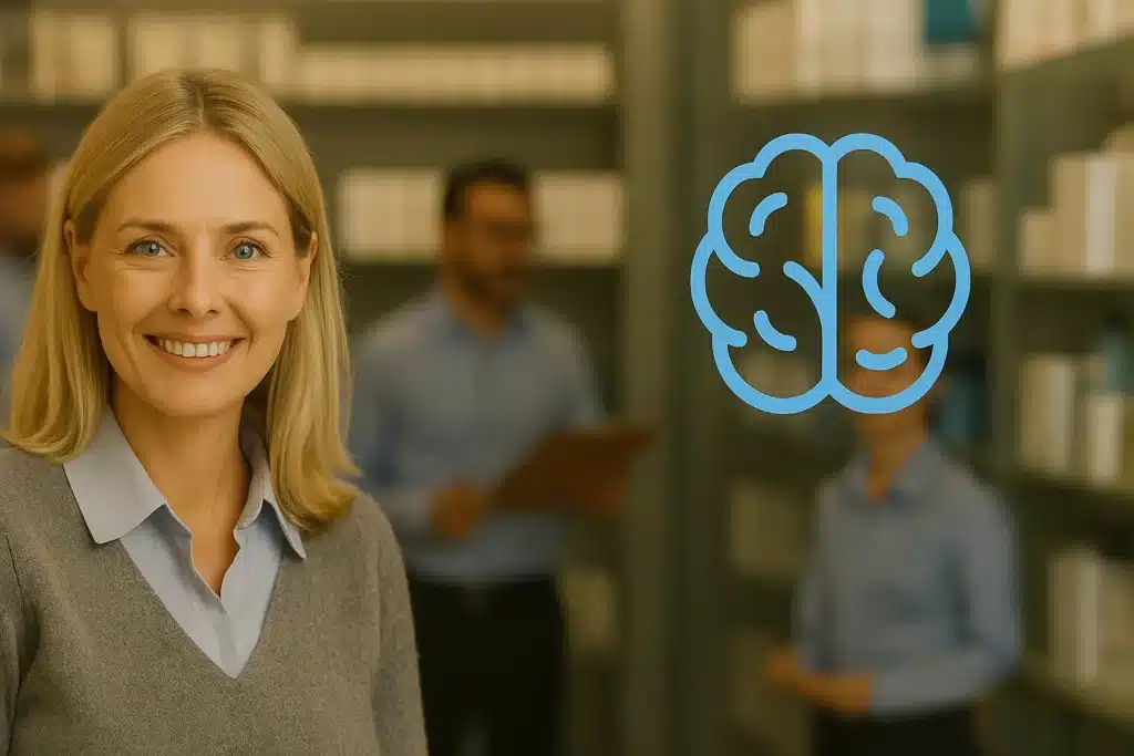 A smiling blonde retail leader in a grey sweater stands confidently in front of store shelves, with a blue brain icon beside her and two blurred team members in the background — representing a modern leadership dashboard.