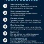 nfographic showing 7-step Sleepmaxxing Night Routine, including digital detox, magnesium tea, contrast shower, journaling, red lighting, relaxing sounds or scents, and consistent bedtime—all designed to optimize sleep quality.