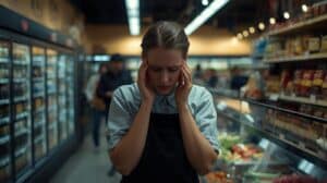 Retail Worker Burnout: 5 Powerful Ways to Beat Stress During Busy Seasons 11 Retail worker showing signs of burnout and emotional stress during a demanding shift.