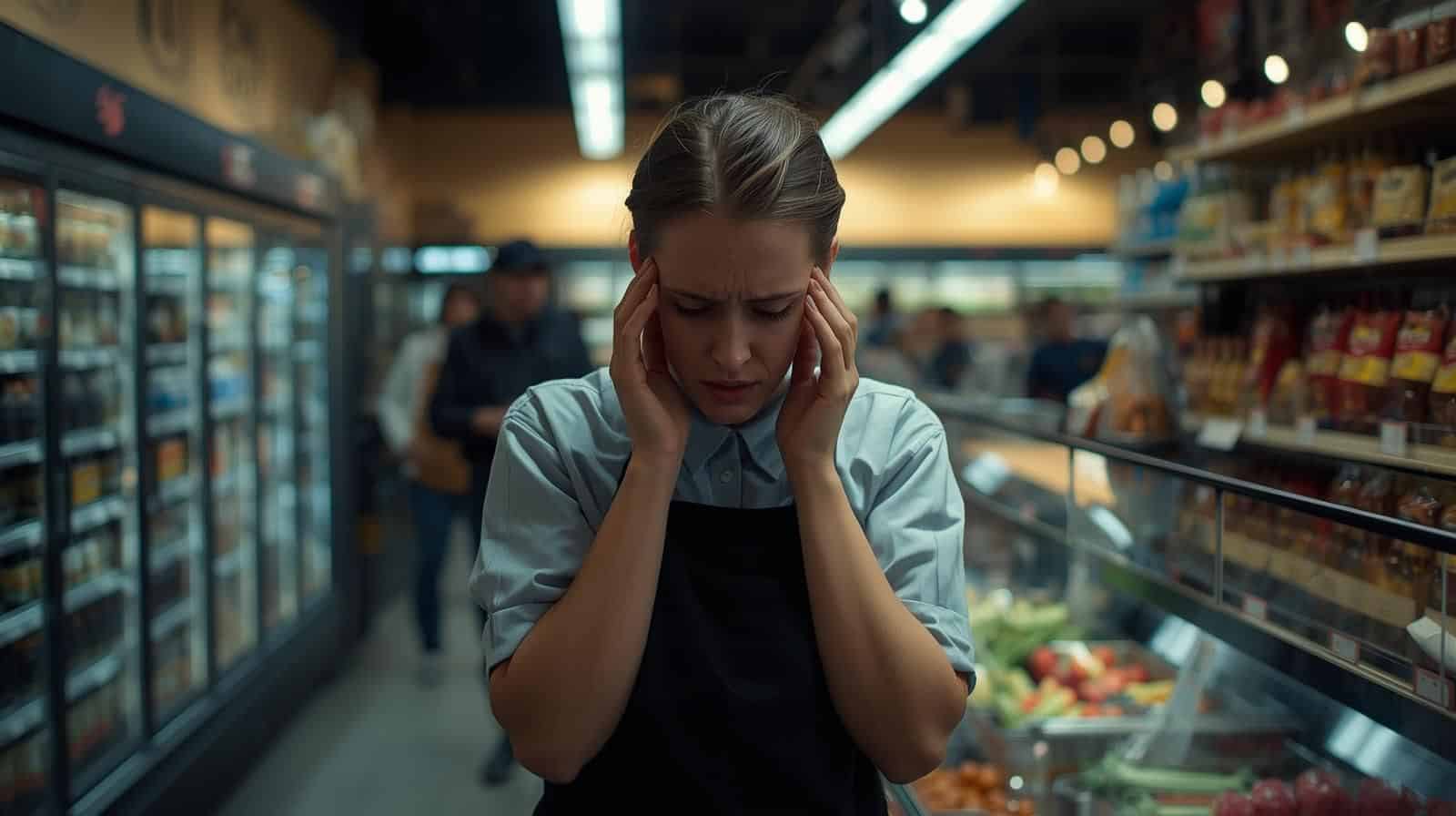Retail worker showing signs of burnout and emotional stress during a demanding shift.