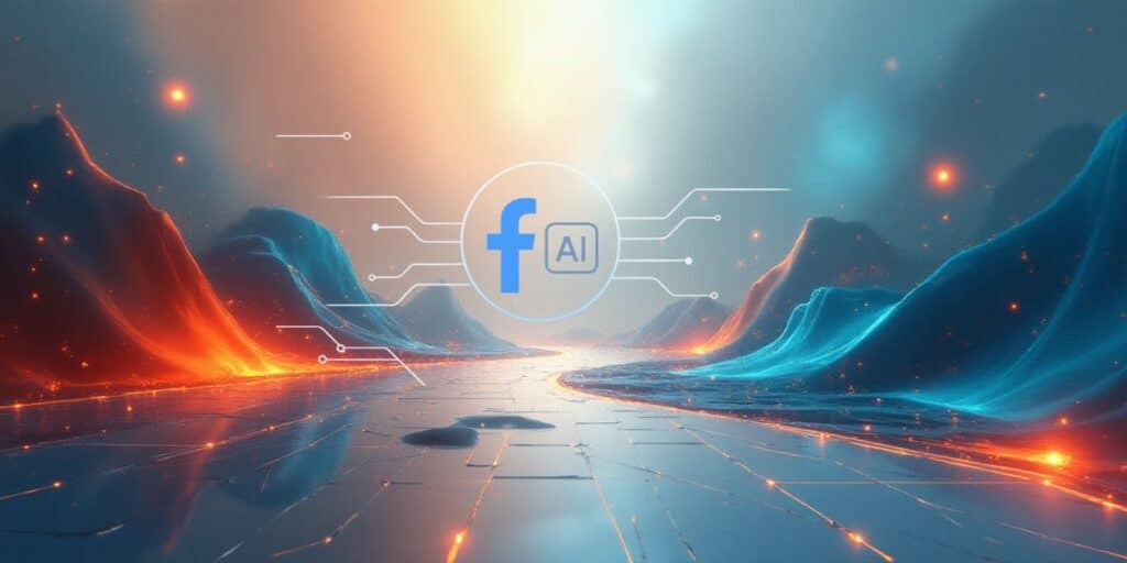 Futuristic landscape with Facebook AI logo