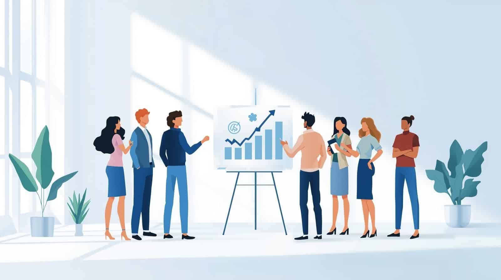 new manager leading a team meeting to stabilise a new team with clear goals and communication