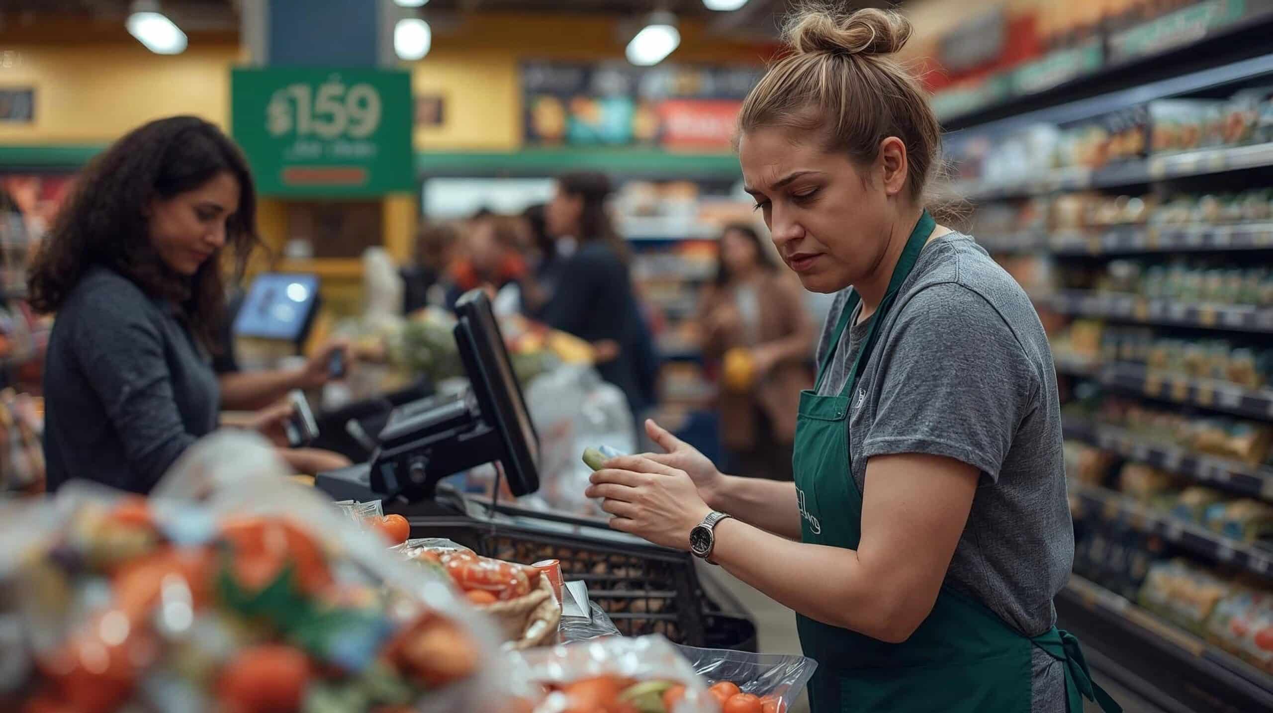 Retail employee overwhelmed at checkout during busy season, showing strain from customer pressure.