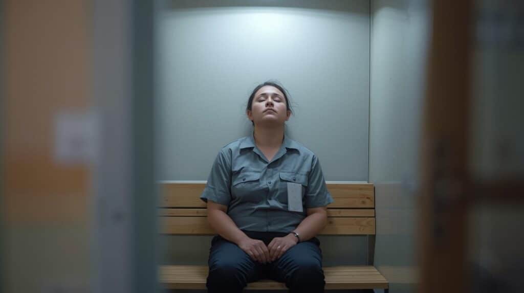 Retail worker resting on a bench to recover energy during a long shift, symbolising the importance of micro-rest for burnout prevention.