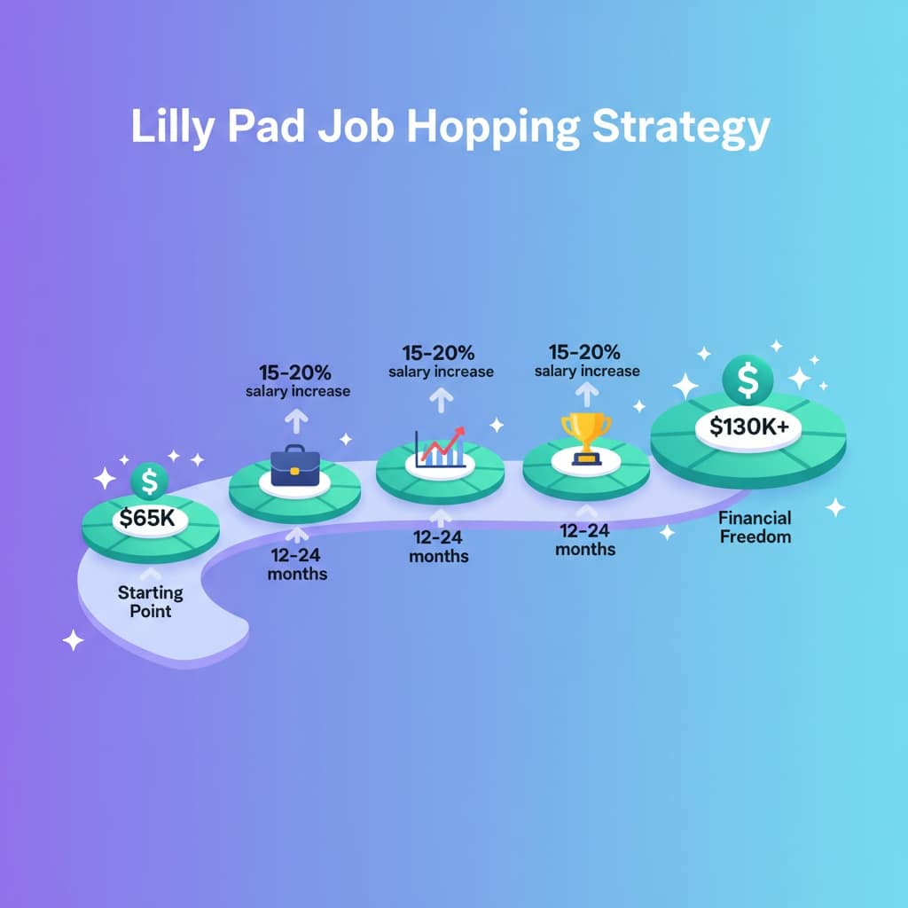 Gen Z Best Careers 2026: 5 Data-Backed Moves to Win 7 Visual diagram showing stepping stones/lily pads across horizontal path, each labeled "12-24 months", arrows showing 15-20% salary increases, progression from start to doubled salary. Purple/blue gradient.