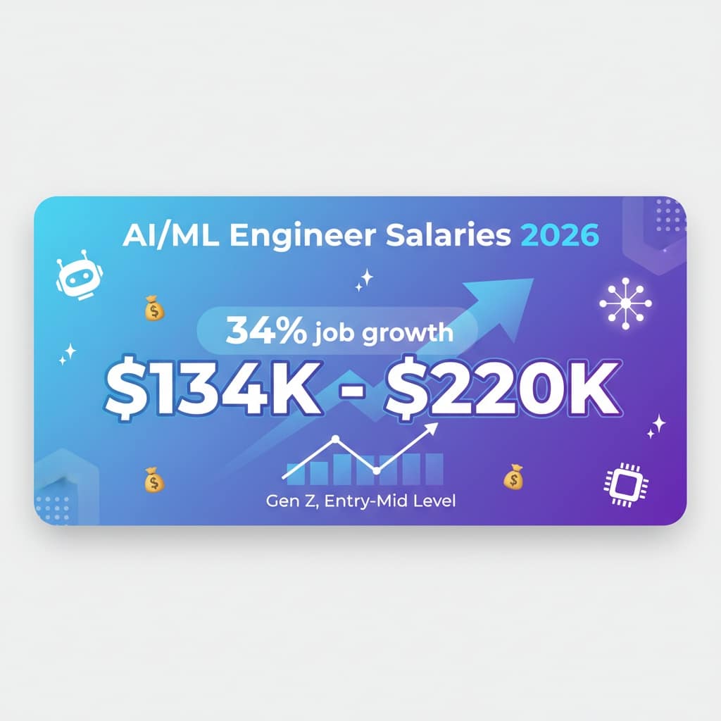 Gen Z Best Careers 2026: 5 Data-Backed Moves to Win 5 Salary infographic with large bold numbers $134K-$220K, AI/tech icons, growth charts showing 34%, gradient blue/purple background.
