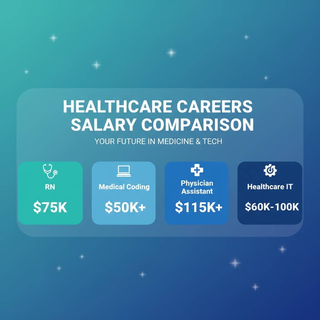 Gen Z Best Careers 2026: 5 Data-Backed Moves to Win 9 Horizontal bar chart or comparison showing healthcare role salaries: RN ($75K), Medical Coding ($50K+), PA ($115K+), Healthcare IT ($60K-$100K). Medical icons, teal/blue gradient