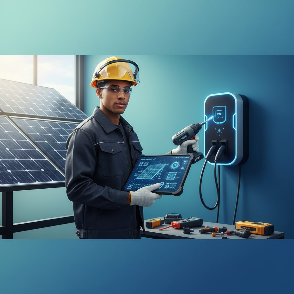 Gen Z Best Careers 2026: 5 Data-Backed Moves to Win 6 Young professional tradesperson working with solar panels/EV charging stations, using tablet with technical diagrams, modern tools, blue/teal gradient background.