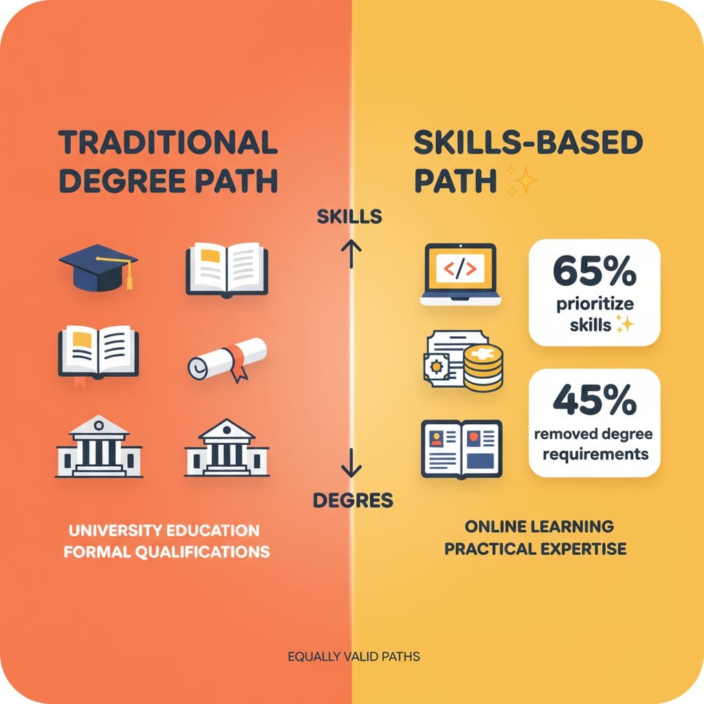 Gen Z Best Careers 2026: 5 Data-Backed Moves to Win 8 Split-screen comparison: left side shows college/degree path, right side shows skills/portfolio path. Large stats "65% prioritize skills" and "45% removed degree requirements". Orange/yellow gradient.