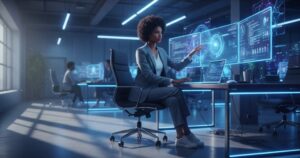 Gen Z professional working with AI technology in modern office 2026