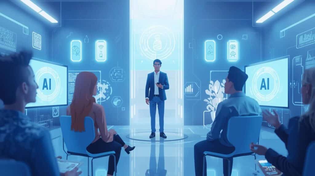 Modern Leadership Style Quiz – Discover Your Style in 5 Minutes 3 Modern leadership style quiz illustration showing a diverse hybrid team with a leader, AI elements, and digital dashboards in a clean blue-toned workspace