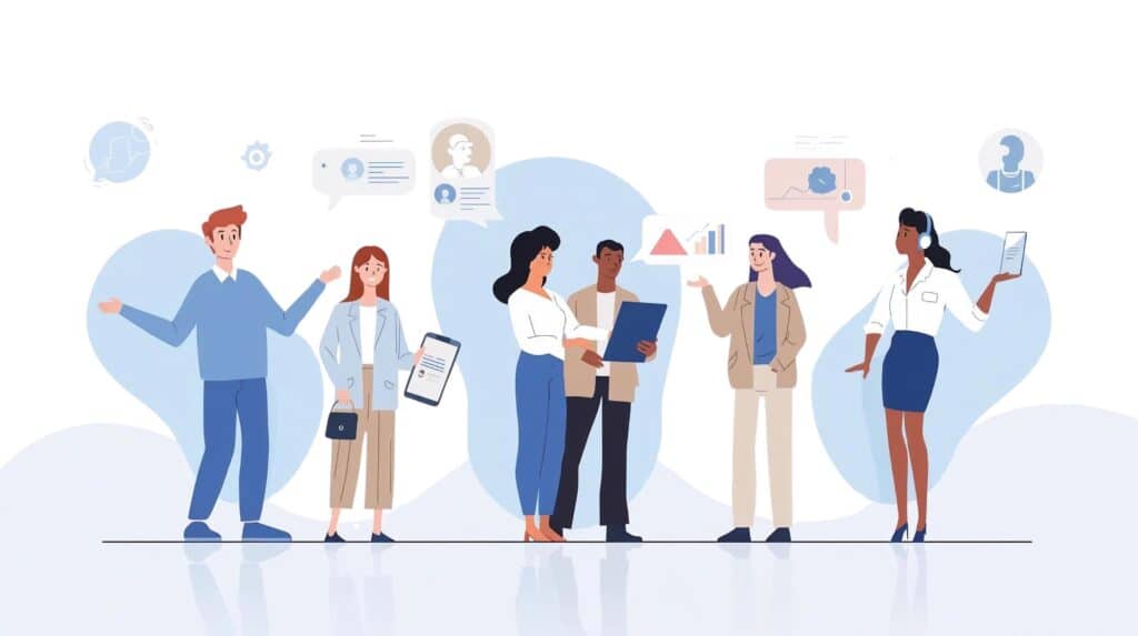 Modern Leadership Style Quiz – Discover Your Style in 5 Minutes 4 Flat illustration of a diverse team representing the five modern leadership styles: coach, systems leader, AI strategist, visionary, and community builder