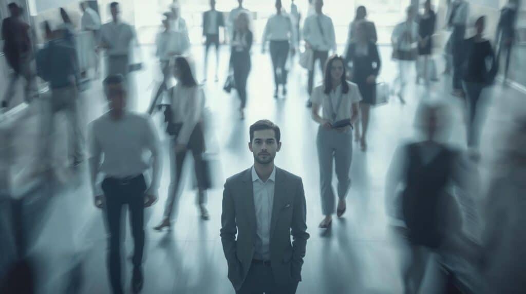 A calm professional standing still while chaos swirls around them, symbolizing Stoic emotional control and staying focused under work stress.