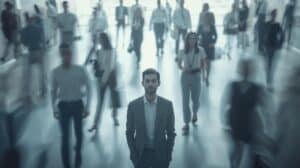 Stoic Mindset for Work Stress: 21 Ways to Stay Calm 14 A calm professional standing still while chaos swirls around them, symbolizing Stoic emotional control and staying focused under work stress.