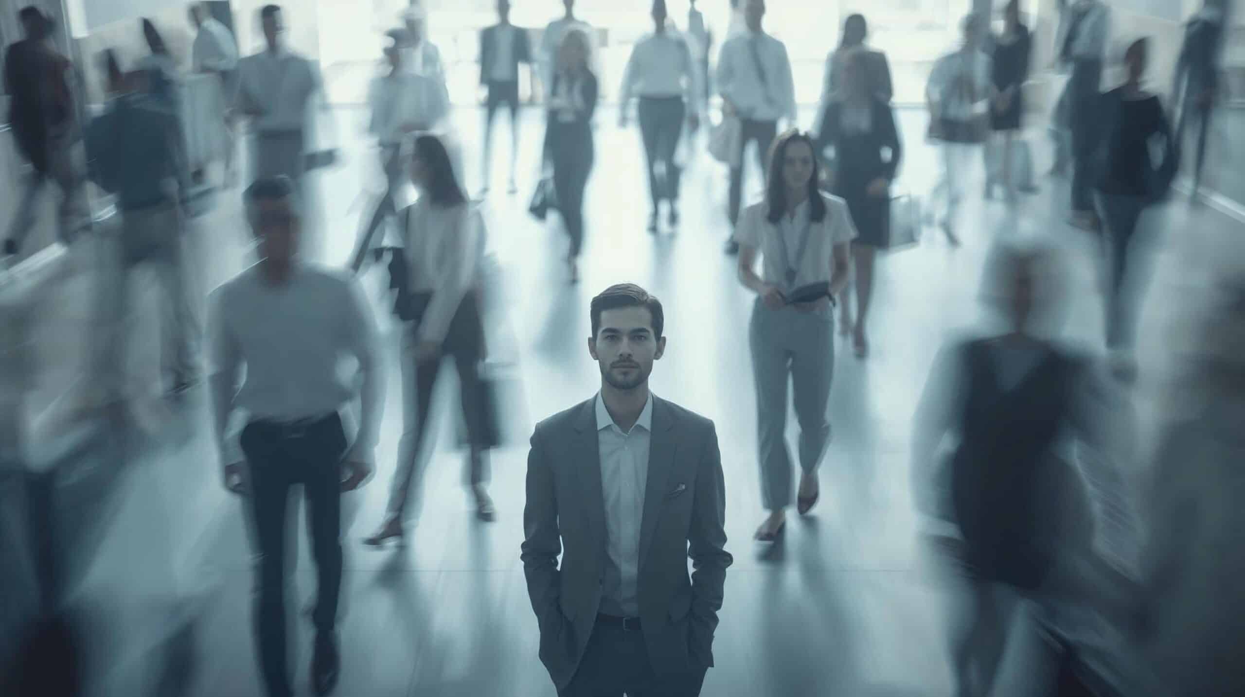 A calm professional standing still while chaos swirls around them, symbolizing Stoic emotional control and staying focused under work stress.