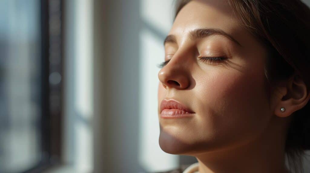 Stoic Mindset for Work Stress: 21 Ways to Stay Calm 6 A professional taking a deep breath with eyes closed in a quiet area of the office, demonstrating emotional control under pressure.