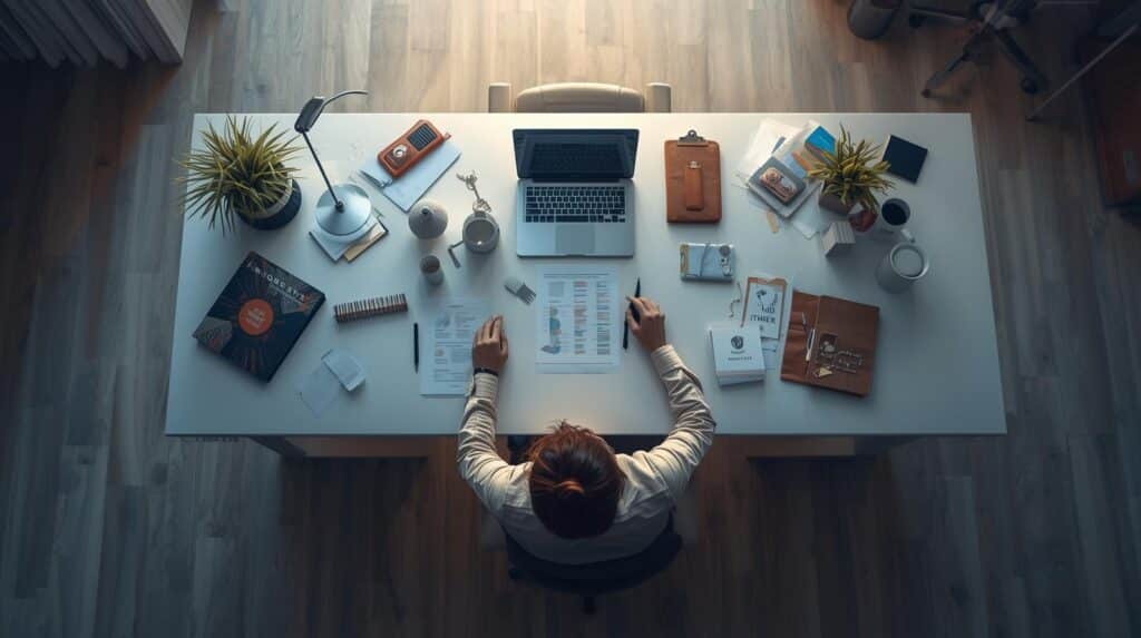 Stoic Mindset for Work Stress: 21 Ways to Stay Calm 5 Overhead view of a calm person seated at a desk in a busy office environment, symbolizing the Stoic ‘view from above’ perspective.