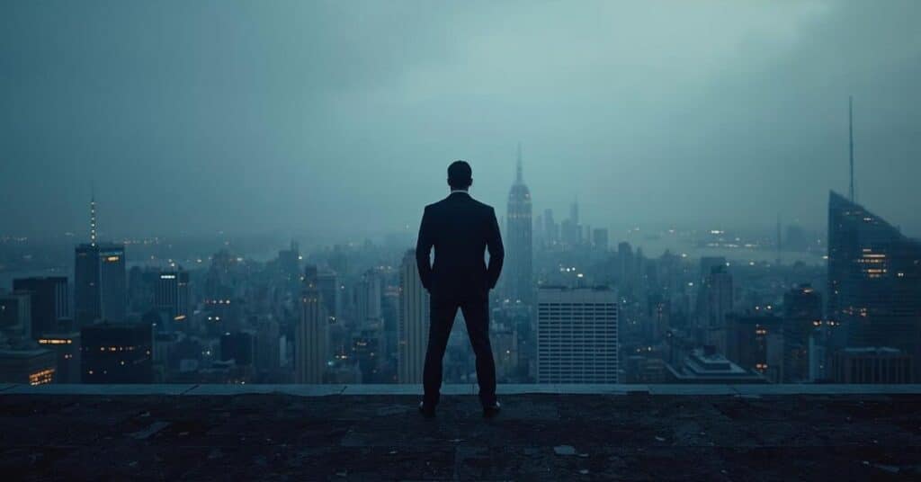 Silhouette of a leader facing a modern city skyline with cool blue tones, symbolizing strength, clarity and self-leadership.