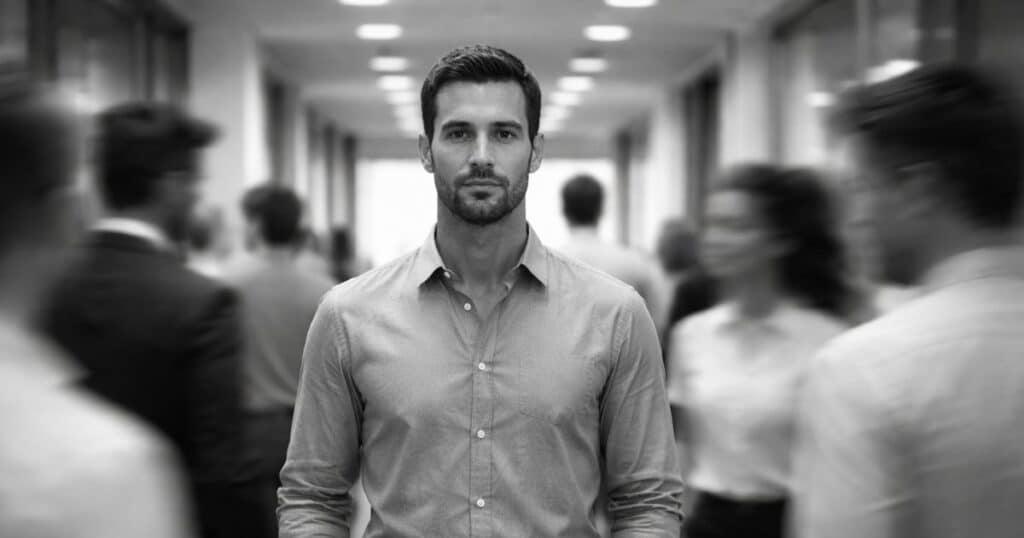 A calm man stands still in a busy office hallway, sharply in focus while people blur around him ā symbolizing clarity and composure amid chaos.