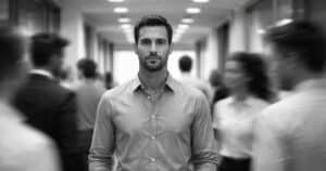 A calm man stands still in a busy office hallway, sharply in focus while people blur around him ā symbolizing clarity and composure amid chaos.
