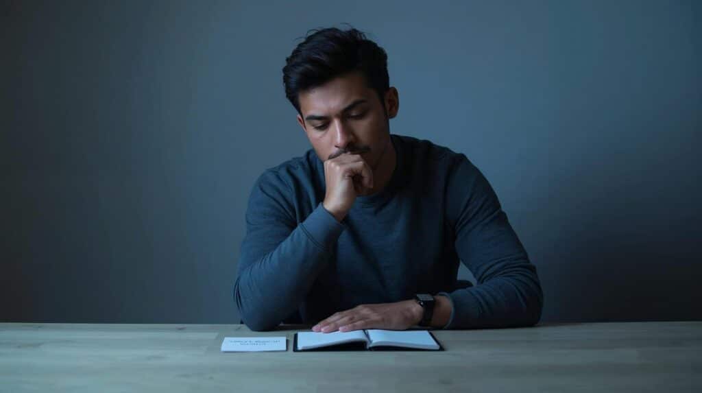 Stoic Mindset for Work Stress: 21 Ways to Stay Calm 3 A person sitting at a desk calmly reviewing a small list of things they can control, with workplace noise blurred in the background.