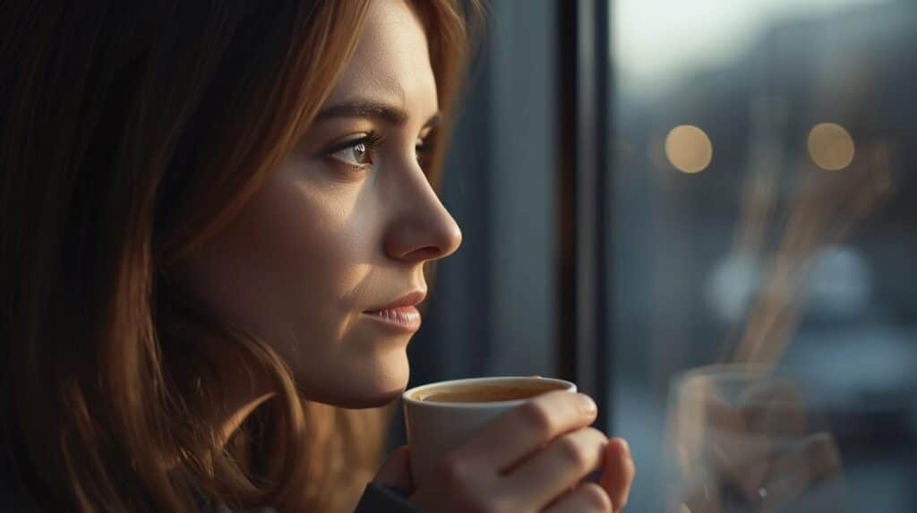 Stoic Mindset for Work Stress: 21 Ways to Stay Calm 4 A person quietly reflecting near a window while holding a coffee cup, representing Stoic negative visualization to reduce work stress.
