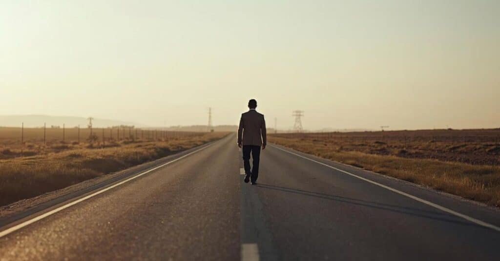 Person walking alone on a quiet road in soft light