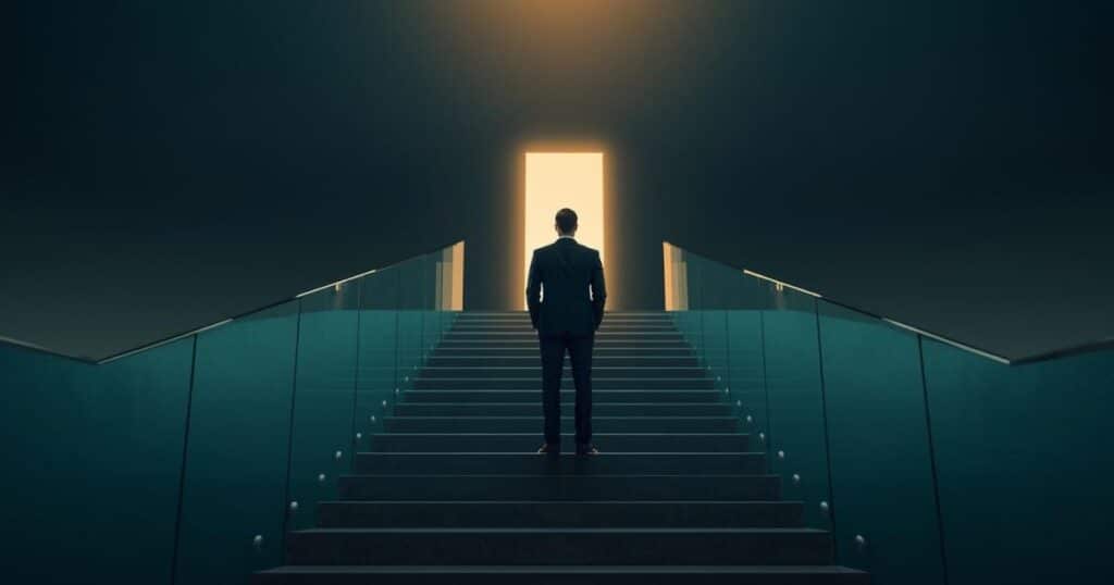 Confident professional looking up a staircase toward a glowing doorway, representing the decision to ask for a promotion