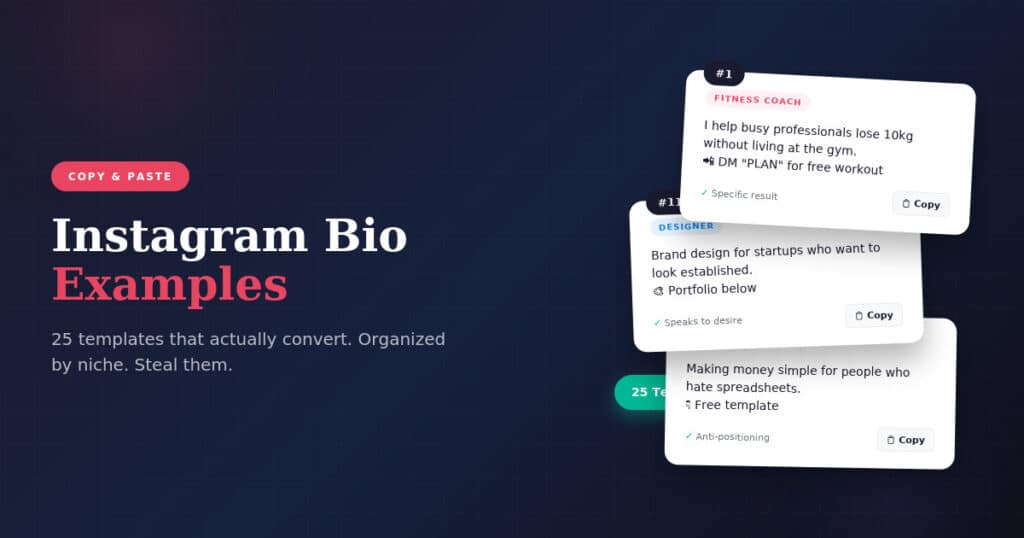 25 Instagram bio examples and templates for personal branding organized by niche with copy buttons