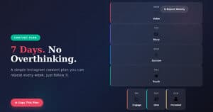 7-day Instagram content plan for personal branding showing daily post types from Monday to Sunday