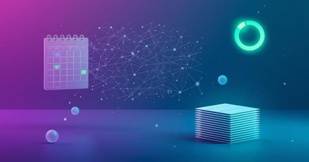Abstract illustration showing connected productivity tools including calendar grid, AI neural network nodes, and email inbox cards on purple gradient background representing free AI productivity system