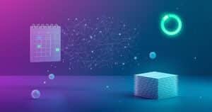 Abstract illustration showing connected productivity tools including calendar grid, AI neural network nodes, and email inbox cards on purple gradient background representing free AI productivity system