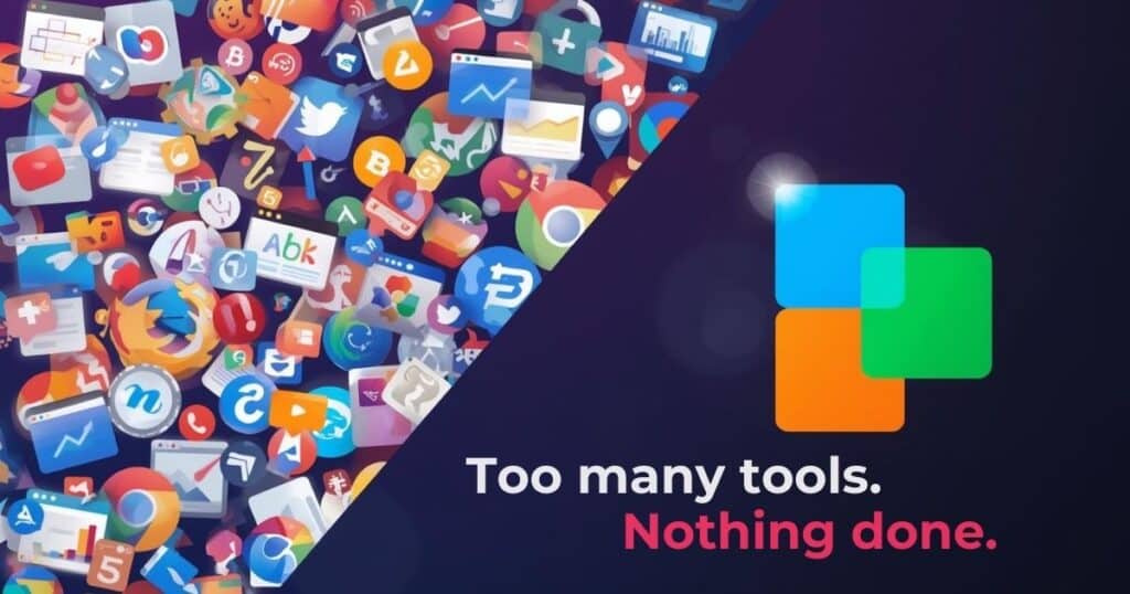 Abstract illustration showing chaotic scattered app icons on the left versus three organized colored squares on the right, representing the shift from AI tool overwhelm to focused simplicity.